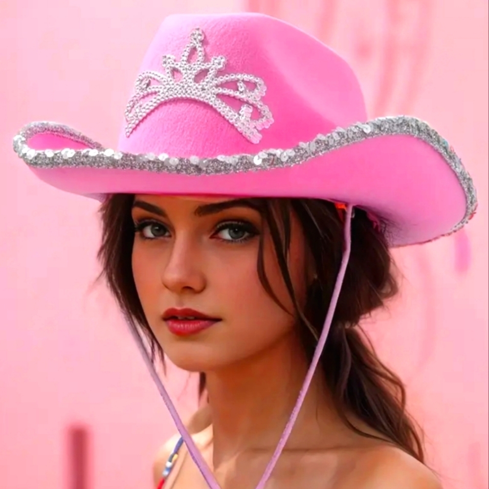 Women's Western Pink Rhinestoned Crown Cowgirl Hat